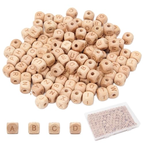 UTMACH 140 Stück Holzbuchstaben Perlen mit Transparente Kunststoffbox 12mm Holzperlen mit Buchstaben Natur Holz Holzperlen zum Basteln A-Z Alphabet Beads Holz Buchstabenperlen für DIY Handwerk von UTMACH