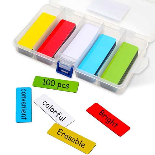 100 Stück Magnetetiketten beschreibbar, 75x25mm Magnetstreifen beschreibbar bunt, Abwischbare Magnetschilder, Magnet Etiketten für Whiteboards, Kühlschränke, Magnettafeln von UTOMAG