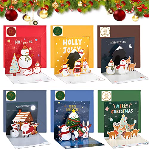 UTRUGAN 6 Stück Weihnachtskarten Weihnachten 3D Grußkarten 3D Pop Up Weihnachtskarte Set Weihnachten Klappkarten Glückwunschkarte Weihnachtspostkarte mit Umschlag und Aufklebern für Freunde, Familie von UTRUGAN