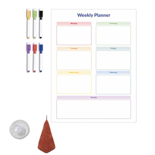 UTTASU Magnetische, löschbare Wochenplaner-Tafel für Kühlschrank, transparenter Whiteboard-Aufkleber, trocken abwischbare Nachrichten-Memoboard mit 6 Stiften, 1 Saugnapf, 1 Handtuch, 40,6 x 30,5 cm von UTTASU