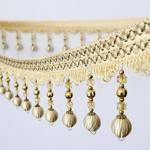 1 Stück geflochtene Fransenbesatz mit Kristallperlen for Selbermachen, Quaste, for die Heimdekoration – 6/12 Meter strapazierfähige Polyesterspitze(Beige,12 Meters) von UTTDP