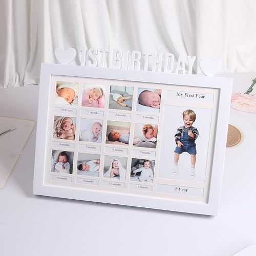 UUE 26 x 33 cm Baby Bilderrahmen Mein erstes Jahr, Bildergalerie, bilderrahmen für kinderbilder, Fotogalerie mit 12 Foto-Ausschnitten für Fotos 4X4 cm und 1 Foto 8X12.5 cm, Weiß Fotorahmen UUE 26 x 33 cm Baby Bilderrahmen Mein erstes Jahr, Bildergalerie, bilderrahmen für kinderbilder, Fotogalerie mit 12 Foto-Ausschnitten für Fotos 4X4 cm und 1 Foto 8X12.5 cm, Weiß Fotorahmen von UUE