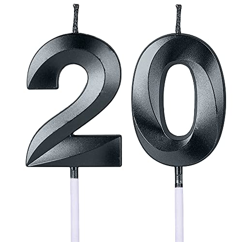 Schwarze Kerzen zum 20. Geburtstag für Kuchen, Zahl 20 2, Glitzerkerze, Tortenaufsatz für Party, Jahrestag, Hochzeit, Feier, Dekoration von UVATAHONA