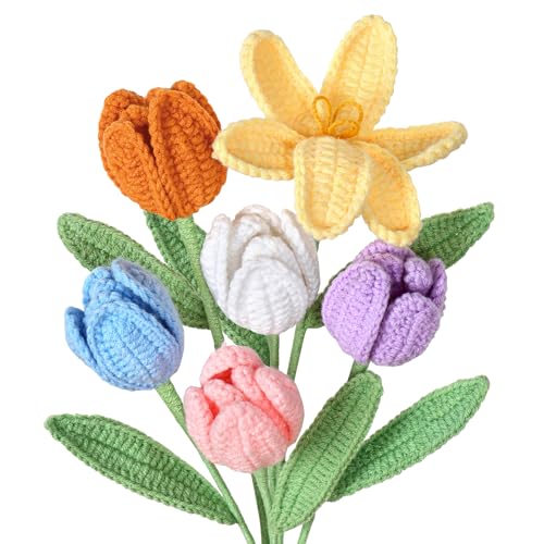 UXORSN 6 Stück Gehäkelte Blumen 41cm Künstliche Tulpen Blumenstrauß Kunstblumen wie Echt Handgefertigte Blühen Kunsttulpen Bunt Häkelblumen für Mama Geburtstag Hochzeit Büro Dekor von UXORSN