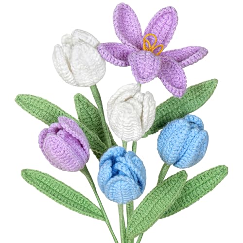 UXORSN 6 Stück Häkelblumen Künstliche Tulpen Blumenstrauß 41cm Kunstblumen wie Echt Handgefertigte Blühen Kunsttulpen Bunt Gehäkelte Blumen für Geburtstag Hochzeit Büro Dekor von UXORSN