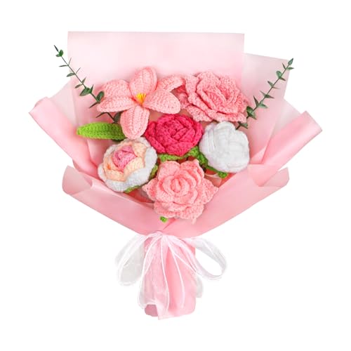 UXORSN Häkel Blumenstrauß Handgefertigter Künstliche Rosen Tulpe Gestrickte Blumen Häkelblumen Gehäkelte Blumenstrauß für für Liebhaber Familien Freunde Jahrestag Abschluss Geburtstag Geschenk (Rosa) von UXORSN