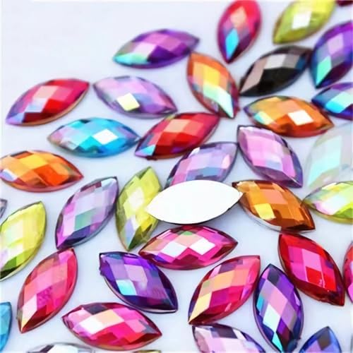 Bunte Edelsteine mit Pferdeauge, flache Rückseite, Acryl, für Halloween, Party, Dekoration, Kleidung, Hochzeitskleid, Bastelzubehör, 15 x 7 mm, 100 Stück (00 verschiedene Farben) von UYTRDVG
