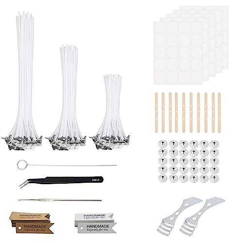 UYXiNONE 345 Stück DIY-Werkzeug-Kits für handgemachte Kerzen Aromatherapie Kerzen, Kerzendocht mit der Länge von 10cm 15cm 20cm und kommt mit einem Docht fixiert Klebeblech, Holzstücke, Pinzette von UYXiNONE