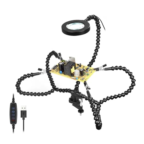 UZAMIRLEX Dritte Hand Lötunterstützung, 2-6 Arme Löten helfende Hand mit 3-facher Lupe LED-Licht Tischklemme PCB blau oder schwarz(5 Arms with Light B) von UZAMIRLEX