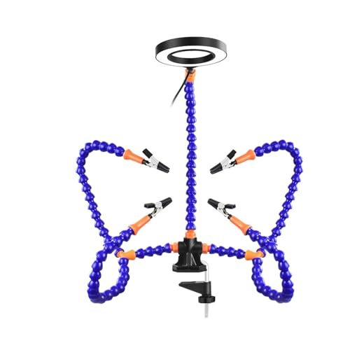 UZAMIRLEX Dritte Hand Lötunterstützung, 5-Arm-Lötstation mit dritter Hand, 3-facher Lupe, LED-Licht, Tischklemme, Blau/Schwarz(5 Arms with Light a) von UZAMIRLEX