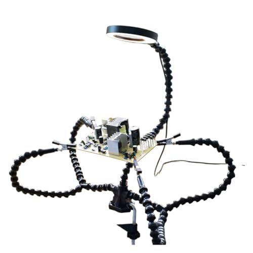 UZAMIRLEX Dritte Hand Lötunterstützung, 5-Arm-Lötstation mit dritter Hand, 3-facher Lupe, LED-Licht, Tischklemme, Blau/Schwarz(6 Arms) von UZAMIRLEX