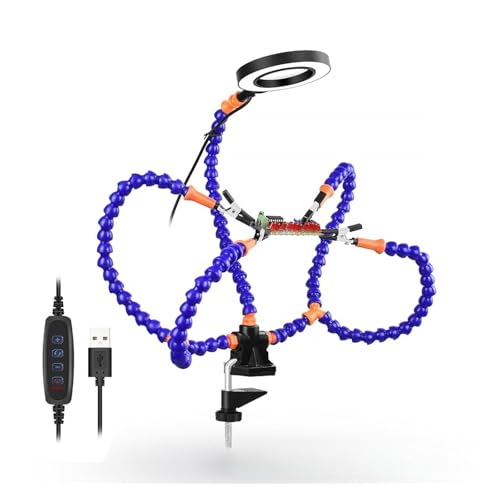 UZAMIRLEX Dritte Hand Lötunterstützung, Lupenleuchte mit Licht, 3 USB-Lötstationen, helfende Hände, Klemmwerkzeug, Blau & Schwarz, 150 x 150 x 100 mm(Sn5sb-usbbluewithlamp) von UZAMIRLEX