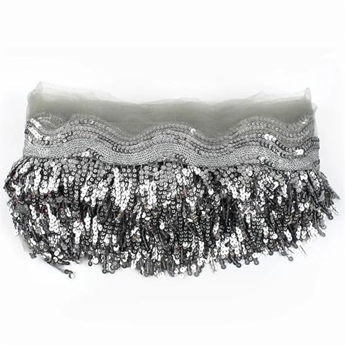UZAMIRLEX Fransenbesatz Spitze, Glitzer Pailletten Bestickt Quaste Spitze Fransenbesatz Multicolor 2-5 Yards X 8cm(Grey,5 YARD-8CM) von UZAMIRLEX