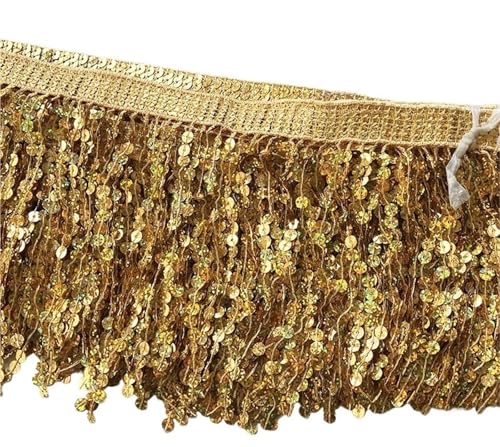 UZAMIRLEX Fransenbesatz Spitze, Spitzenbesatz mit Paillettenquaste, Fransen, Mehrfarbig, 16 cm x 1 Yard(Gold) von UZAMIRLEX