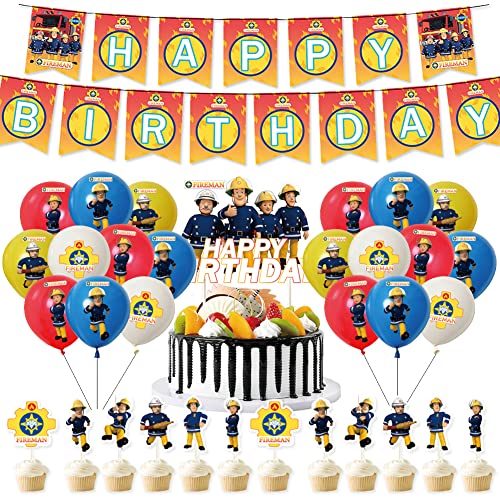 Sam Geburtstag Luftballons, UZSXHJ Fireman Sam Geburtstag Dekorationen, 33pcs Feuerwehrmann Geburtstagsdekoration mit Banner, Cupcake-Topper, Luftballons, Feuerwehrmann-Geburtstagsparty Set für Kinder von UZSXHJ