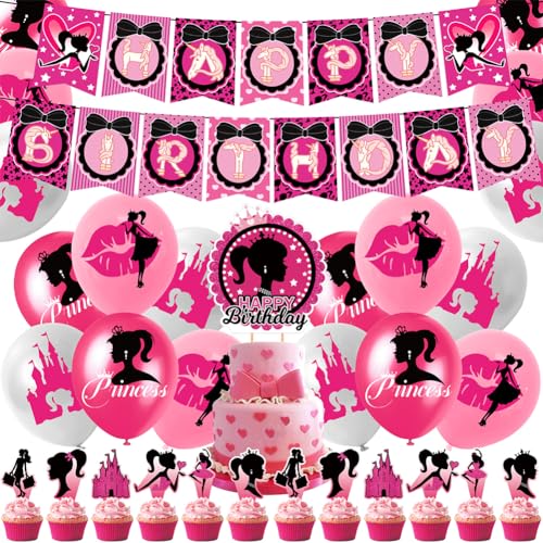 Mädchen Geburtstags Dekorationen Rosa Prinzessin Geburtstag Deko Latexballons Set Happy Birthday Banner Prinzessin Puppe Geburtstags Deko Party Supplies Set Tischdeko Deko 32 Stück von UZSXHJ