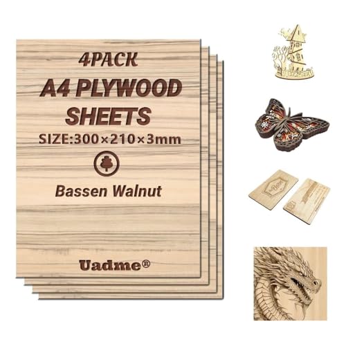 Uadme Sperrholzplatte 3mm A4, Bassen Walnussholz Holzplatte, 4 Stück Unbehandeltes Holz für Lasergravur, CNC-Schneiden, Bastelmalerei, Modellierung, Gravierte Heimdekoration Uadme Sperrholzplatte 3mm A4, Bassen Walnussholz Holzplatte, 4 Stück Unbehandeltes Holz für Lasergravur, CNC-Schneiden, Bastelmalerei, Modellierung, Gravierte Heimdekoration von Uadme