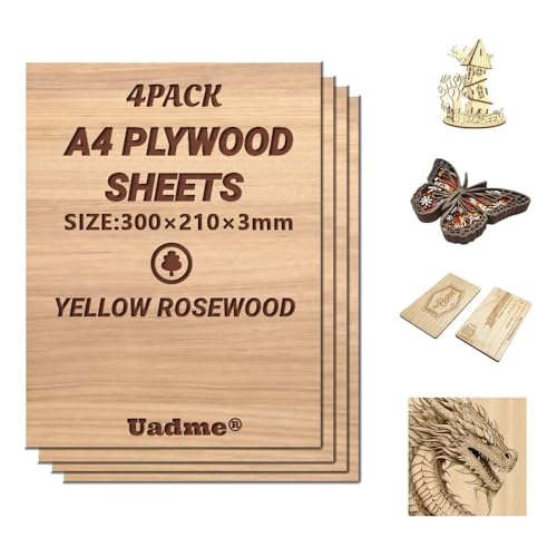 Uadme Sperrholzplatte 3mm A4, Gelbes Palisander Holzplatte, 4 Stück Unbehandeltes Holz für Lasergravur, CNC-Schneiden, Bastelmalerei, Modellierung, Gravierte Heimdekoration von Uadme