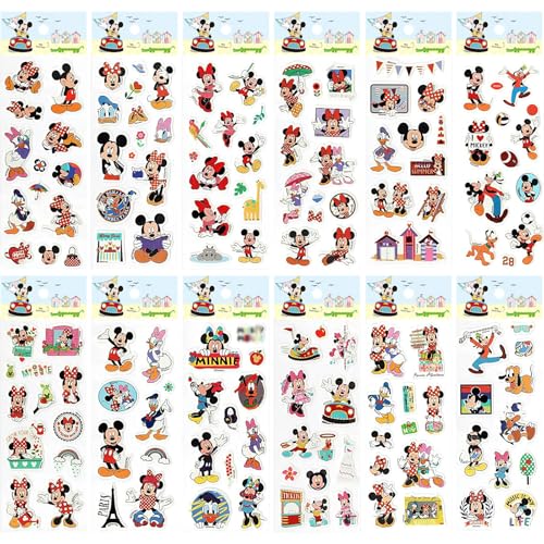 Mickey Aufkleber, Mickey Minnie Sticker, 12 Blätter 3D Wasserdicht Sticker Ubephant M-ickey Skateboard Gepäck Aufkleber Partytütenfüllung Mehrere Muster für Kinder Geburtstag Deko von Ubephant