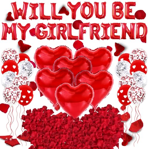 Ucatcher Luftballons mit Aufschrift "Will You Be My Girlfriend" mit 1000 künstlichen Rosenblättern, Valentinstag-Ballon-Dekorationen, rote Herz-Folien-Latexballons für Geständnisanträge Ucatcher Luftballons mit Aufschrift "Will You Be My Girlfriend" mit 1000 künstlichen Rosenblättern, Valentinstag-Ballon-Dekorationen, rote Herz-Folien-Latexballons für Geständnisanträge von Ucatcher