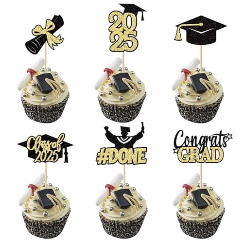 Cupcake-Topper für Abschlussfeier, Klasse 2025, Schwarz mit goldfarbenem Glitzer, Congrats Grad, Cupcake-Picks für Feiern und Abschlussfeiern, 24 Stück Cupcake-Topper für Abschlussfeier, Klasse 2025, Schwarz mit goldfarbenem Glitzer, Congrats Grad, Cupcake-Picks für Feiern und Abschlussfeiern, 24 Stück von Uclac