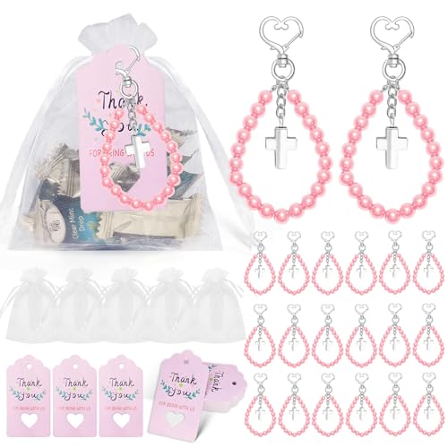 Uclac 20 Sets Perlenkreuz-Schlüsselanhänger, Perlenkreuz-Anhänger, Großpackung mit Dankeschön-Etiketten und Organza-Beutel für Gäste, Hochzeit, Babyparty, Partygeschenke von Uclac