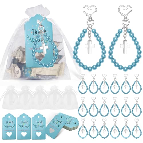 Uclac 20 Sets Perlenkreuz-Schlüsselanhänger, Perlenkreuz-Anhänger, Großpackung mit Dankeschön-Etiketten und Organza-Beutel für Gäste, Hochzeit, Babyparty, Partygeschenke von Uclac