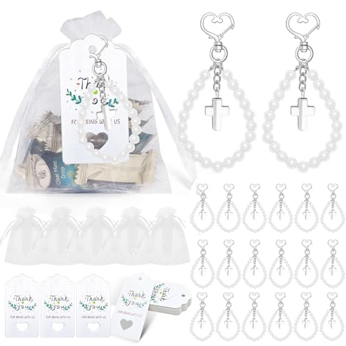 Uclac 20 Sets Perlenkreuz-Schlüsselanhänger, Perlenkreuz-Anhänger, Großpackung mit Dankeschön-Etiketten und Organza-Beutel für Gäste, Hochzeit, Babyparty, Partygeschenke von Uclac