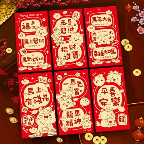 6 rote Umschläge, chinesisches Neujahr, Geldumschläge für Bargeld 2025, Pferd, Mondneujahr, Glücksgeschenk, Geld, rotes Paket, Hong Bao, 6 Designs, niedliches Cartoon-Pferd von Ucuse