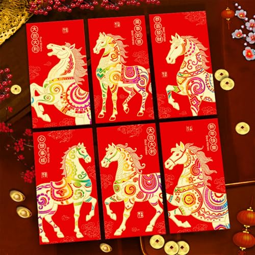 6 rote Umschläge, chinesisches Neujahr, Geldumschläge für Bargeld 2025, Pferd, Mondneujahr, Glücksgeschenk, Geld, rotes Paket, Hong Bao, 6 Designs, niedliches Cartoon-Pferd von Ucuse