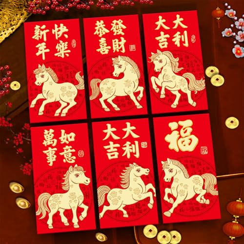 6 rote Umschläge, chinesisches Neujahr, Geldumschläge für Bargeld 2025, Pferd, Mondneujahr, Glücksgeschenk, Geld, rotes Paket, Hong Bao, 6 Designs, niedliches Cartoon-Pferd von Ucuse