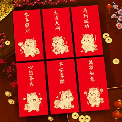 6 rote Umschläge, chinesisches Neujahr, Geldumschläge für Bargeld 2025, Pferd, Mondneujahr, Glücksgeschenk, Geld, rotes Paket, Hong Bao, 6 Designs, niedliches Cartoon-Pferd von Ucuse