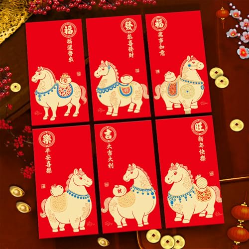 6 rote Umschläge, chinesisches Neujahr, Geldumschläge für Bargeld 2025, Pferd, Mondneujahr, Glücksgeschenk, Geld, rotes Paket, Hong Bao, 6 Designs, niedliches Cartoon-Pferd von Ucuse
