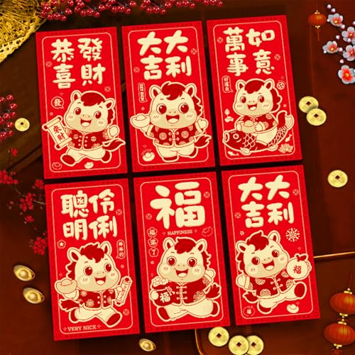 6 rote Umschläge, chinesisches Neujahr, Geldumschläge für Bargeld 2025, Pferd, Mondneujahr, Glücksgeschenk, Geld, rotes Paket, Hong Bao, 6 Designs, niedliches Cartoon-Pferd von Ucuse