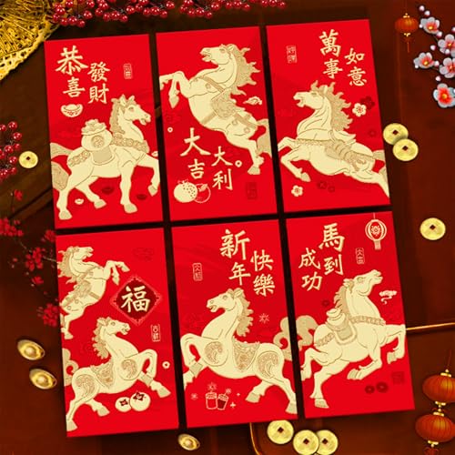 6 rote Umschläge, chinesisches Neujahr, Geldumschläge für Bargeld 2025, Pferd, Mondneujahr, Glücksgeschenk, Geld, rotes Paket, Hong Bao, 6 Designs, niedliches Cartoon-Pferd von Ucuse