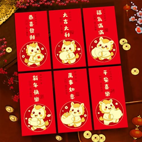 6 rote Umschläge, chinesisches Neujahr, Geldumschläge für Bargeld 2025, Pferd, Mondneujahr, Glücksgeschenk, Geld, rotes Paket, Hong Bao, 6 Designs, niedliches Cartoon-Pferd von Ucuse