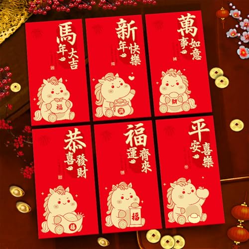 6 rote Umschläge, chinesisches Neujahr, Geldumschläge für Bargeld 2025, Pferd, Mondneujahr, Glücksgeschenk, Geld, rotes Paket, Hong Bao, 6 Designs, niedliches Cartoon-Pferd von Ucuse