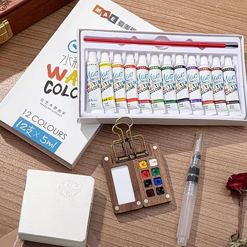 Aquarell-Set, Taschenkünstler, Aquarell-Reiseset mit Farben, Reise-Farbpalette, Holzgitter, Farbkasten, tragbare Mini-Aquarellpalette mit Clip für Künstler, Studenten, Maler (8 Fächer) von Ucuse