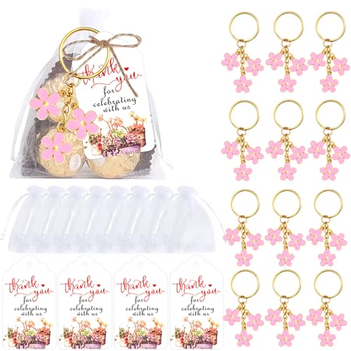 Ucuse 12-teiliges Set mit Blumen-Schlüsselanhängern, Partygeschenk-Set, Stahlblumen-Schlüsselanhänger, Blumenanhänger, ästhetisches Zubehör, Souvenir, Geschenk mit Etiketten und Organza-Beutel für von Ucuse