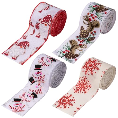 Weihnachtsband mit Drahtrand, 4 Rollen, 6,3 cm, für Zuhause, Kranz, Basteln, Dekoration, Weihnachtsmann, Schneemann, Schneeflocke Weihnachtsband mit Drahtrand, 4 Rollen, 6,3 cm, für Zuhause, Kranz, Basteln, Dekoration, Weihnachtsmann, Schneemann, Schneeflocke von Ucuse