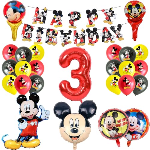 UdacA Geburtstag Deko 3 Jahre, 24 Stück Cartoon Maus Kindergeburtstag Ballons, Folienballon Set mit Happy Birthday Banner für Kindergeburtstag Deko 3. Geburtstag von UdacA