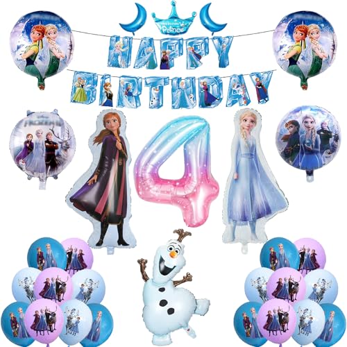 UdacA Gefroren Geburtstagsdeko Mädchen, 25 Stück Luftballons Gefrorene, Elsa Ballons Geburtstag Deko mit Happy Birthday Banner für Kindergeburtstag Deko 4. Geburtstag von UdacA
