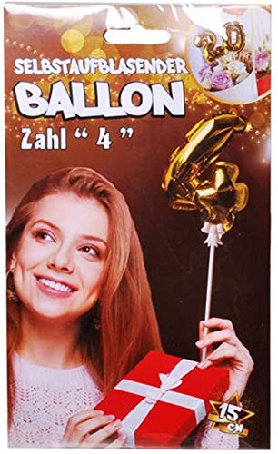 Folien-Ballon 15cm zum Geburtstag mit Zahlenmotiv 4 Zahlenballon selbstaufblasend Farbe gold von Udo Schmidt