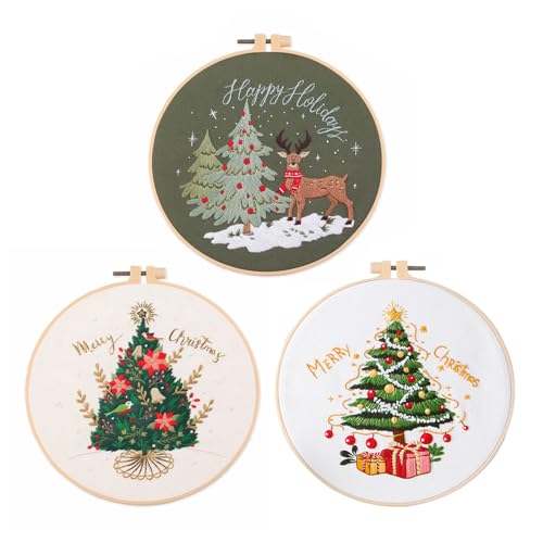 3Pcs Christmas Embroidery kit with Patterns and Instructions for Beginners Cross Stitch Kits for Adults, Including Plastic Embroidery Rings, Colored Threads and Needles Tools and Instruct (3PCS) von Ueeqito