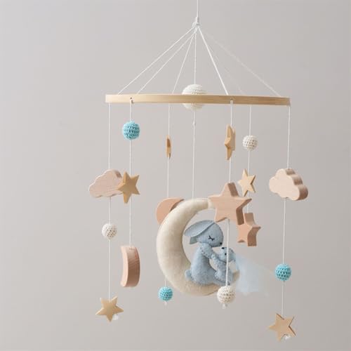 Ueiwffzo Mobile Baby Bettglocke Sterne Wolken Hölz, Mond Kaninchen Babybett Mobile Windspiele mit Filzbällen, Hängende Mobile Windspiel für Babybett Kinderbett (A) von Ueiwffzo