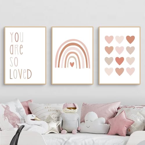 Ueiwffzo 3er Set Poster Bilder Kinderzimmer Rosa Regenbogen Gänseblümchen Bilder, Rosa Poster & Kunstdrucke, Bilder Leinwand Mädchen Kinderzimmer Deko, Ohne Rahmen (B,21X30cm) von Ueiwffzo