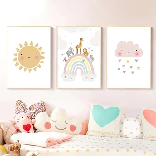 Ueiwffzo Bilder Kinderzimmer Mädchen, 3er Set Boho Regenbogen Sonne Wolke Leinwand Wandposter, Ohne Rahmen (30x40cm) von Ueiwffzo