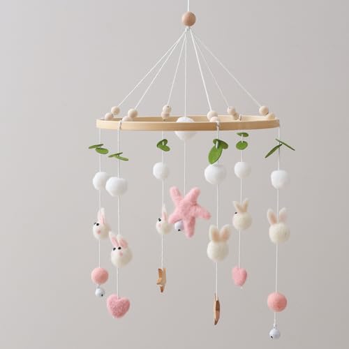 Ueiwffzo Mobile Baby Bettglocke Kaninchen, Hase Mobile Baby Windspiele mit Filzbällen, Kinderzimmer Hängende Mobile Windspiel, Neugeborenen Geschenk (Weiß) von Ueiwffzo