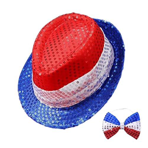 Uhngw 4. Juli patriotisches Kostüm, 4. Juli Hut und Fliege | 4. Juli Kostüm rot weiß blau Paillettenhut,Maskerade Gathering tragen funkelnde Neuheitskleidung für Erwachsene von Uhngw