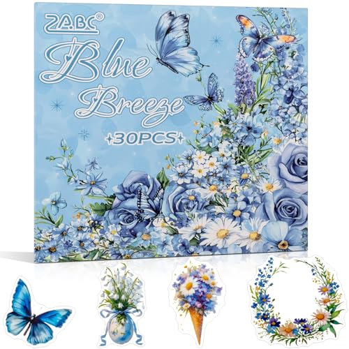 Blue Butterfly Garden Theme Sticker-Set für Scrapbooking & Junk Journal - 30 PET-Aufkleber, Vintage Journaling Sticker (TZ-005-002) von Uideyvi